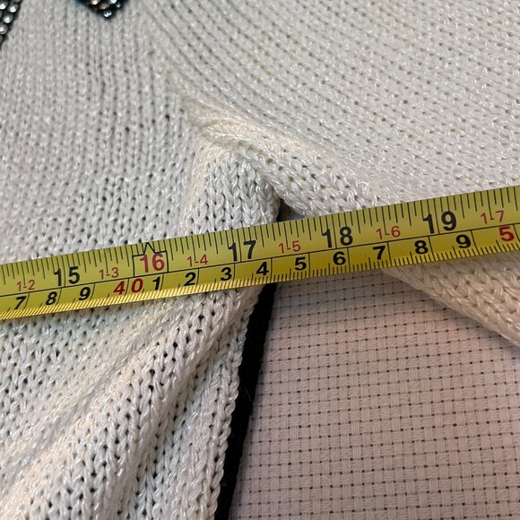 VTG Susann D 1980s Glam Color Block Sweater Medium Black White Blue Rhinestones - Picture 5 of 10